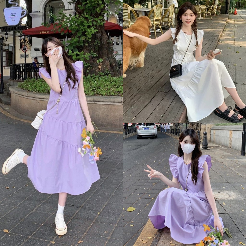 ชุดเดรสสีม่วง เดรสยาวสไตล์วินเทจ เดรสเข้ารูป สไตล์สาวน่ารัก