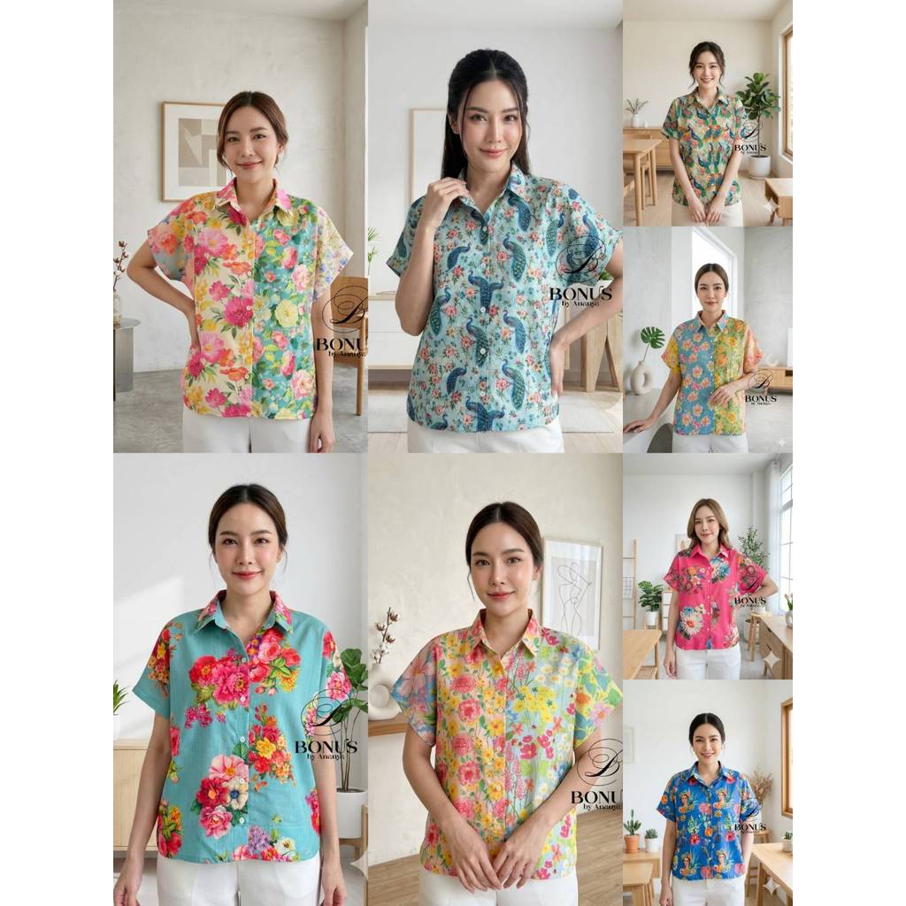 เสื้อคอปกเชิ้ตแขนสั้นแขนในตัว ผ้าไหมอินเดีย ป้ายBonus by Ananya 0462569