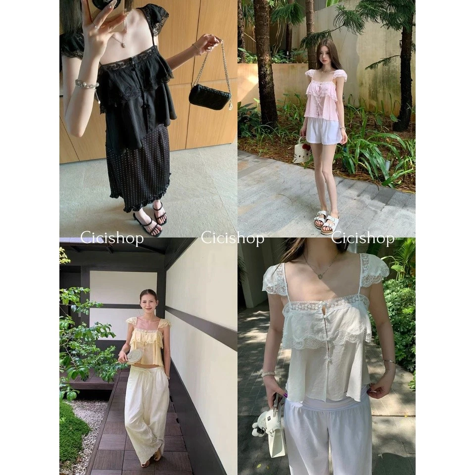 Cicishop(J2512) เสื้อสายเดี่ยวลูกไม้ระบายอก แต่งแขนระบาย กระดุมหน้าใช้งานได้ สไตล์เกาหลี สาวหวาน
