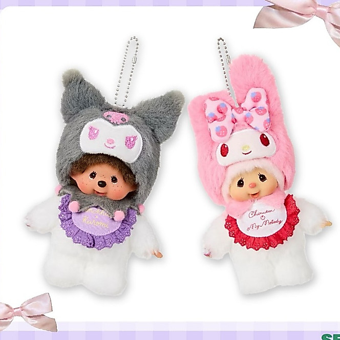 【🚚พร้อมส่งจากไทย】พวงกุญแจตุ๊กตา Monchhichi คอลแลป My Melody Kuromi ลายซานริโอ ขนฟูน่ารัก พวงคล้องกระเป๋าเป้🍓💜