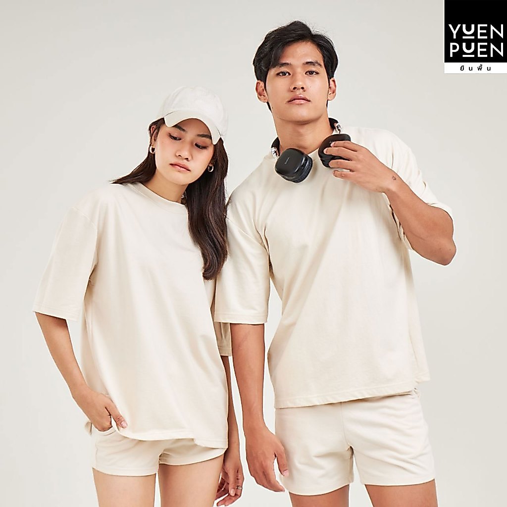 YuenPuen เสื้อยืด Oversize สีครีม ยืนพื้น ไม่ยืด ไม่ย้วย รูปที่ 2