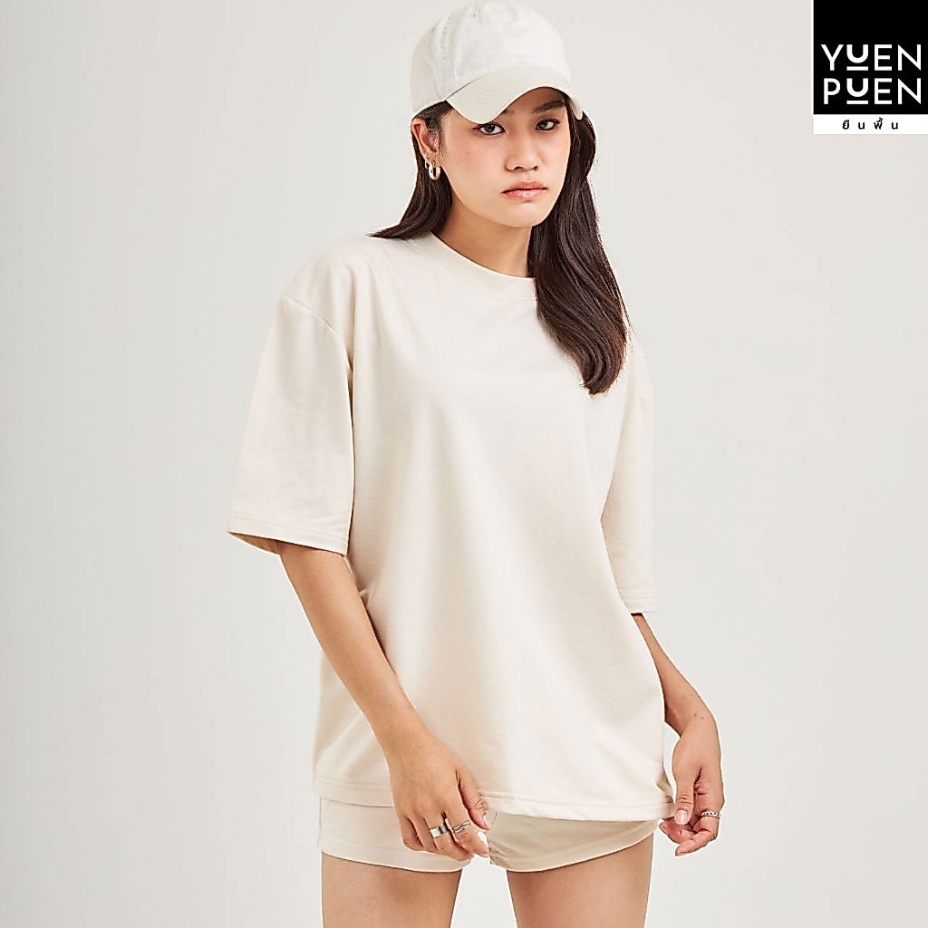 YuenPuen เสื้อยืด Oversize สีครีม ยืนพื้น ไม่ยืด ไม่ย้วย รูปที่ 4