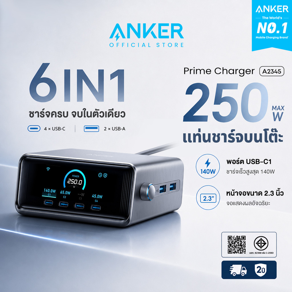 ANKER Prime Fast Charger Station หัวชาร์จ 250W 6-Port GaN USB-C  สำหรับ iPhone 17/16 Samsung S26 Ultra/Laptop A2345