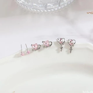 besla.thS925 Silver Stitch Super Flash ต่างหูประณีตชุดต่างหูผู้หญิงต่างหูหัวใจเรียบง่าย