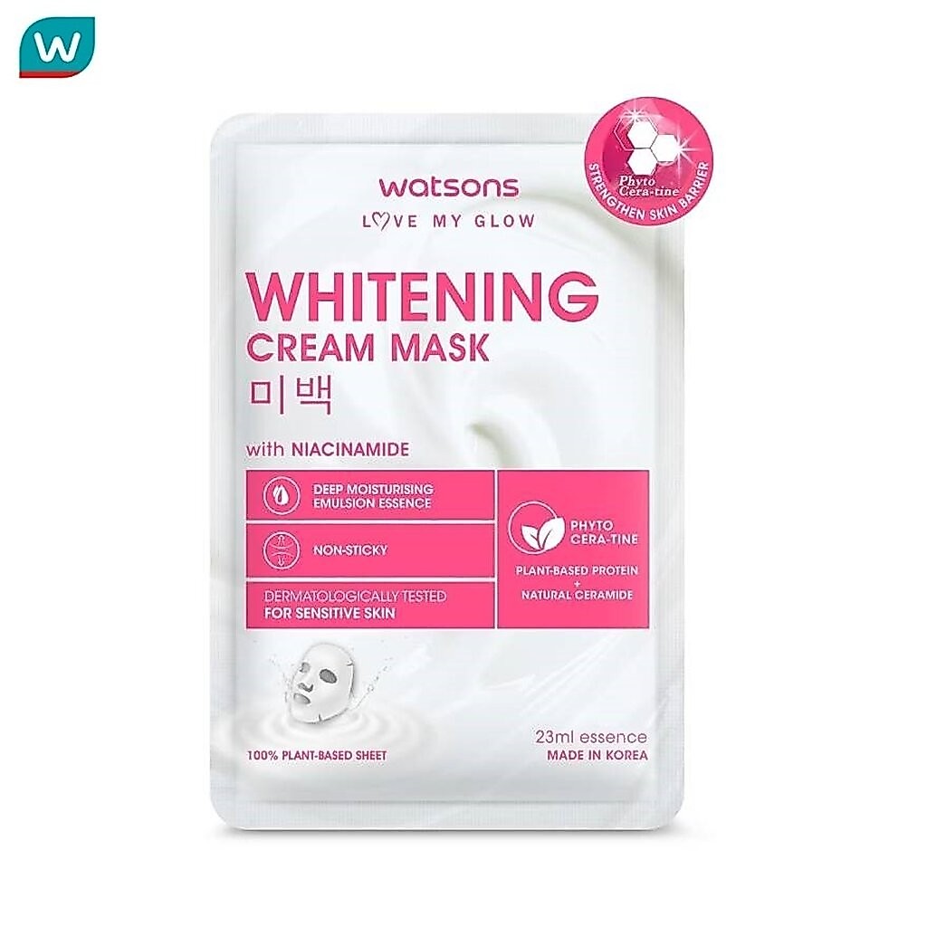 Watsons วัตสัน ไวท์เทนนิ่ง ครีม มาสก์ แผ่นมาสก์บำรุงผิวหน้า 1 แผ่น.