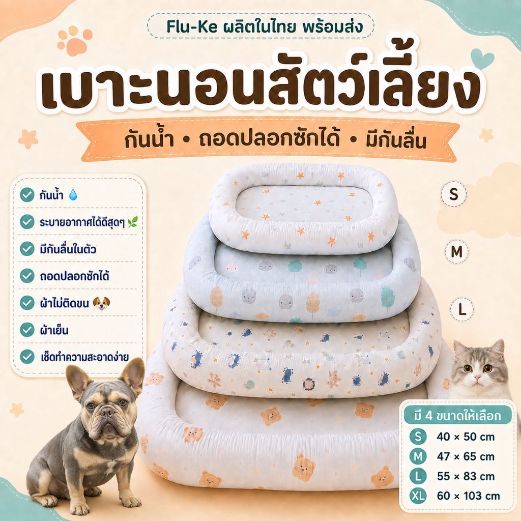 Flu-Ke ผลิตในไทย พร้อมส่ง ที่นอนสัตว์เลี้ยง ผ้าเย็น กันน้ำ ไม่ติดขน ถอดปลอกซักได้ มีกันลื่น