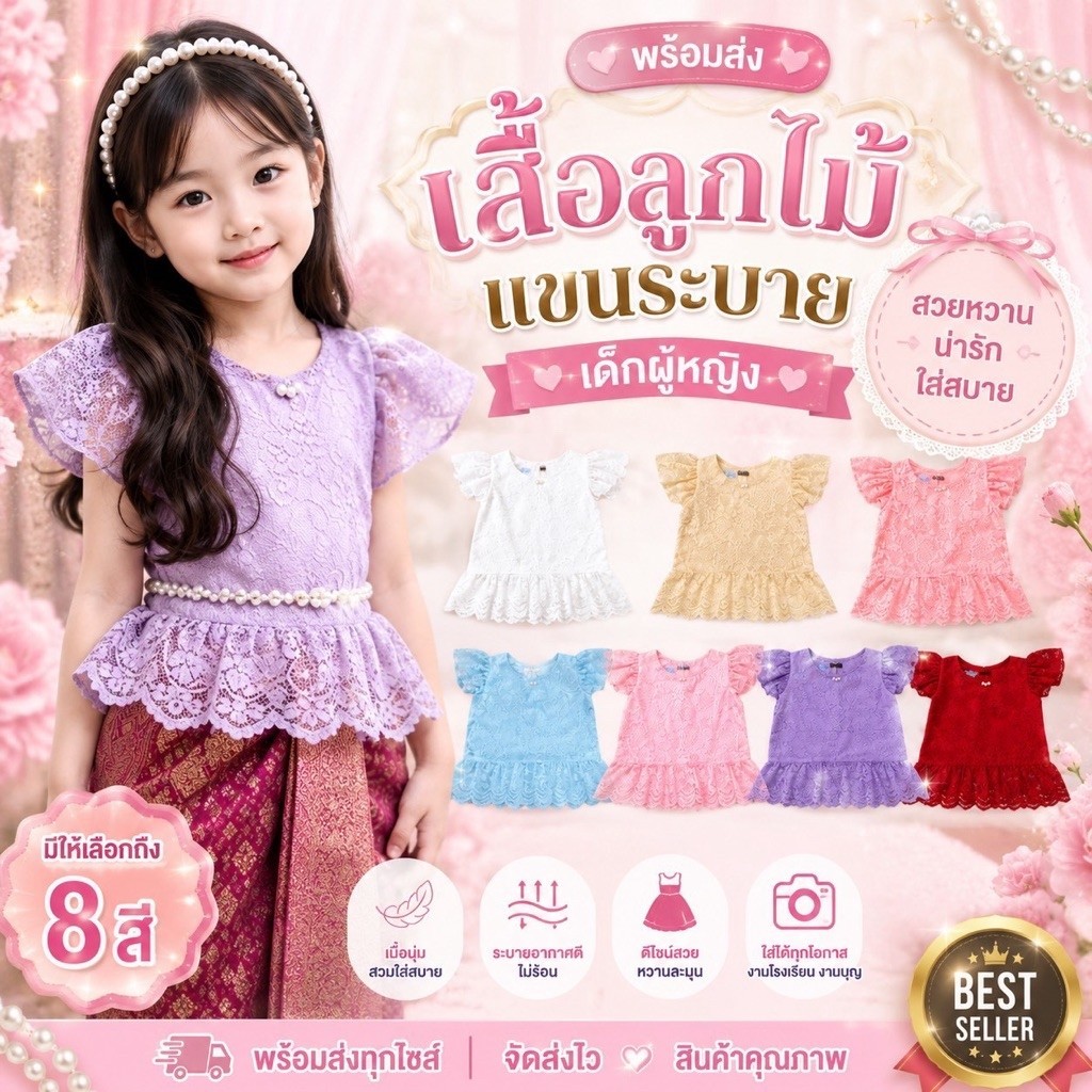 ⭐️Littlestar 👧🏻เสื้อชุดไทยเด็กผู้หญิง ผ้าลูกไม้เนื้อนิ่ม แขนระบาย ซับในทั้งตัว คุณภาพดีGTE0579(ผ้าถุง+โจงอยู่อีกโพสค่ะ)