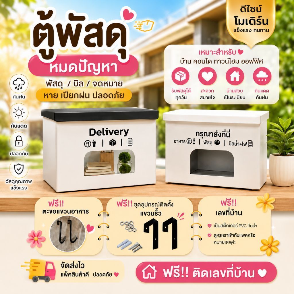 [ฟรี !! ติดเลขที่บ้าน+ฟรีตะขอแขวน+อุปกรณ์ติดตั้ง] |ตู้ใส่เอกสาร พัสดุ อาหาร แขวนรั้ว | กันสนิม กันฝน สไตล์มินิมอลสวยหรู