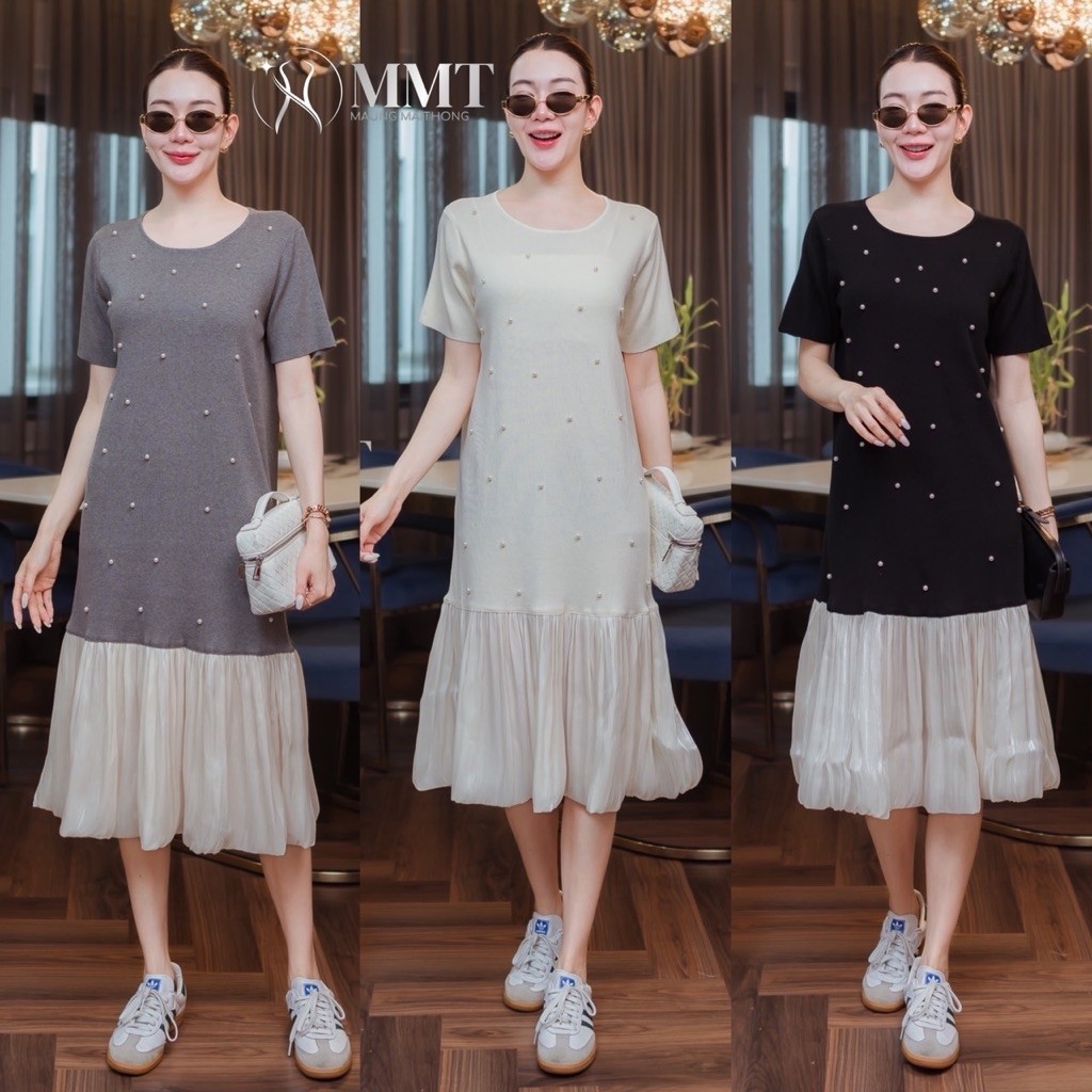 Knit Pearl Patch Pleat Maxi Dress