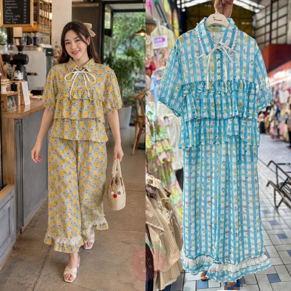 ชุดเซ็ทแฟชั่นสาวอวบ เสื้อระบายชั้น+กางเกงขาระบาย" ผ้าชีฟองไดฟูกุเนื้อดีมาก " ชุดเซ็ทชีฟอง