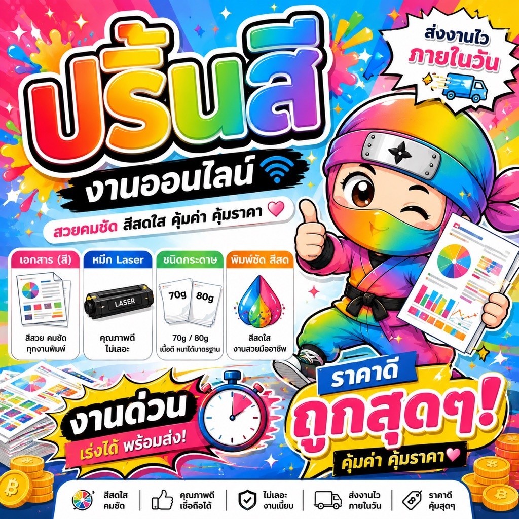 รับปริ้นเอกสาร (สี) ปริ้นงานออนไลน์ A4 กระดาษ 80g ประมาณริ้นชีที่เรียน/รายงาน/วิจัย คมชัดไม่เลอะ )