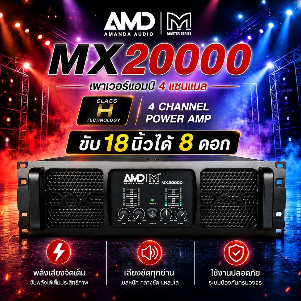 เพาเวอร์แอมป์ 4 แชนแนล AMDIM Amanda Audio (Martin Audio) รุ่น MX20000ขับดอกลำโพงซับ 18 นิ้ว ได้ 8 ดอ