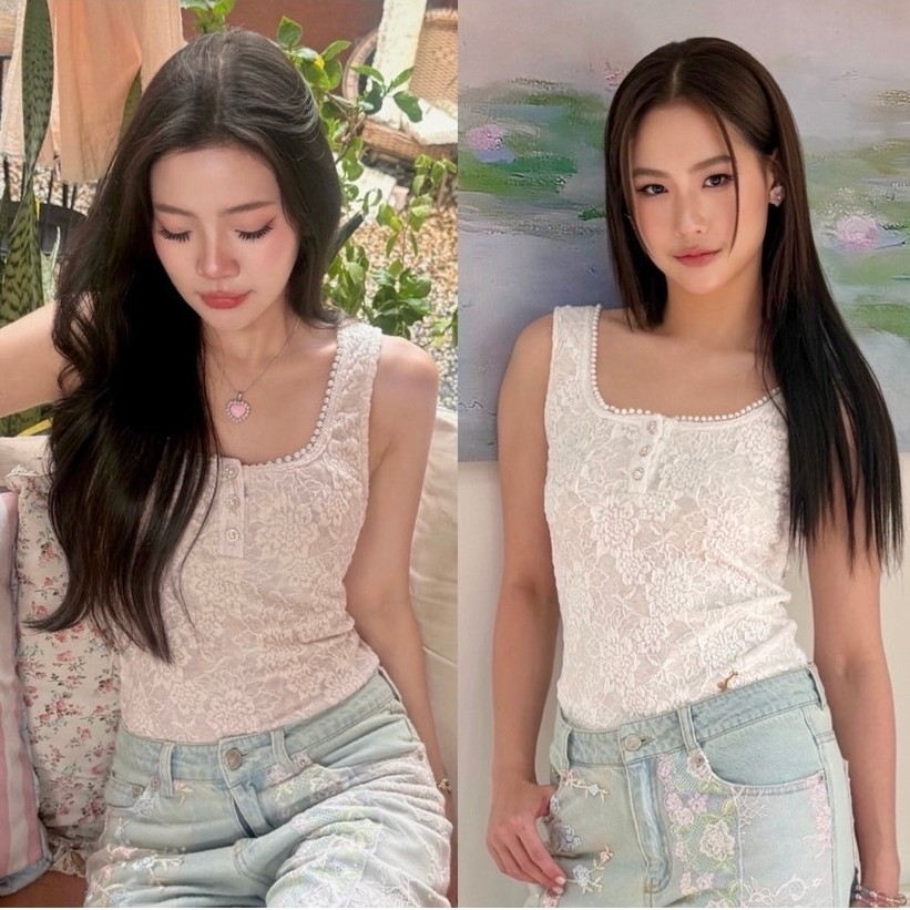 Vesper Tank เสื้อกล้ามผ้าแจ็คการ์ดตกแต่งมุก