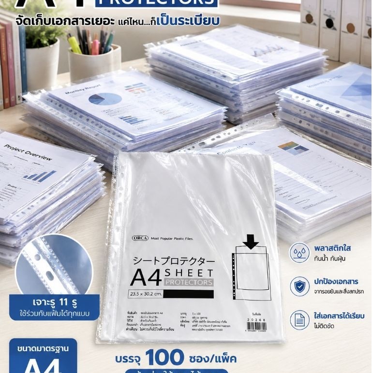 ซองถนอมเอกสาร A4 ตรา ORCA (Sheet Protector) ขนาด 23.5 x 30.2 ซม. เจาะ 11 รู ผลิตจากพลาสติกเนื้อใสเหน