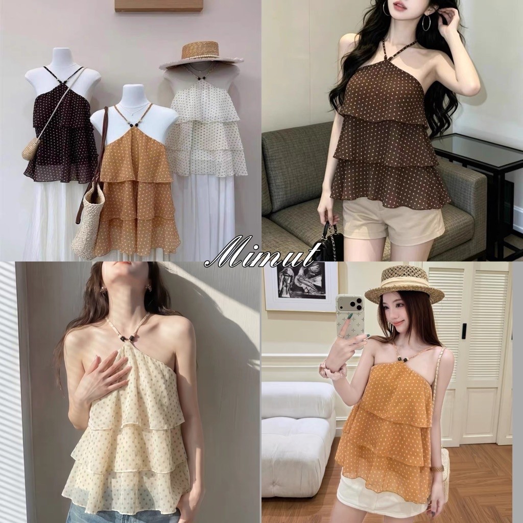 เสื้อลายจุดคล้องคอแอนด้วยลูกปัดผ้าดีใส่สบายออกแนวน่ารักแบบแอบเซ็กซี่นิดๆ