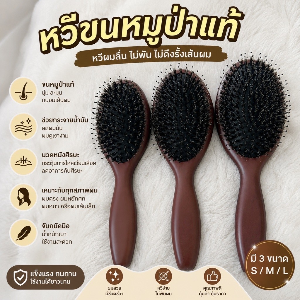 หวีขนหมูป่าแท้ หวีผมลื่น ไม่พัน ไม่ดึงรั้งเส้นผม หวีขนม้า ให้ผมเงาแก้ผมพันกัน