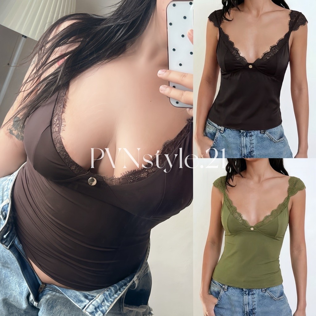 เสื้อครอปสายฝอสาวอวบแต่งขอบลูกไม้ ผ้ายืดพิเศษทรงสวย อก 36-50