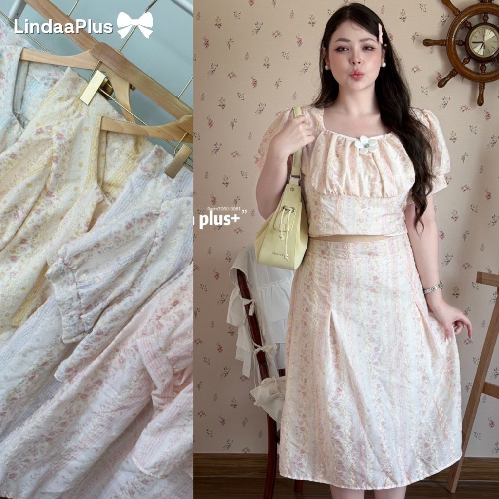 LindaaPlus-- ชุดเซ็ต “𝐊𝐡𝐚𝐨-𝐇𝐨𝐦“ 🌾🌷🫧 เสื้อคอเหลี่ยม+กระโปรงยาว7ส่วน  ดีเทลแต่งแขนตุ๊กตา เรียบร้อย น่ารัก ผ้างานปักฉลุ