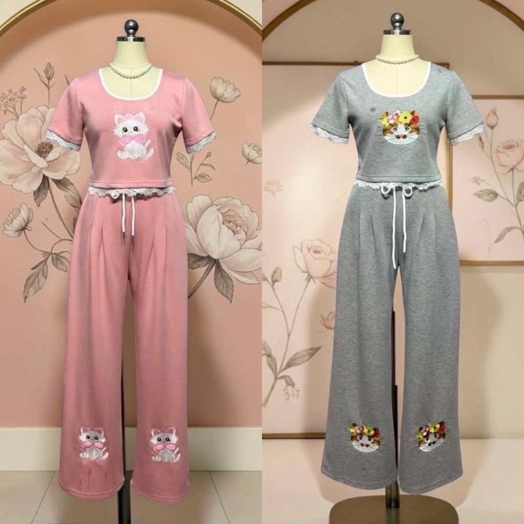 (เสื้อ 16“ กางเกง40” ปกติ) ชุดวอม เสื้อ+กางเกงเอวสูง งานปัก ลายแมว งานป้าย chalita