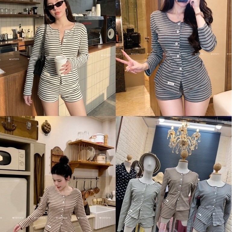 เสื้อคาร์ดิแกนแขนยาว + กางเกงขาสั้นเข้าชุด Size : freesize อก30-36”  เอว 22”-32” สพ-38