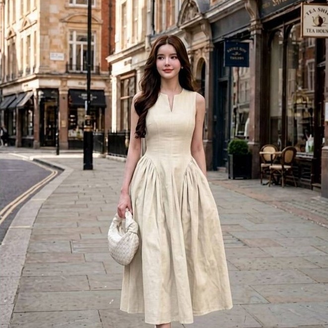 Showroom เดรสยาวสีเบจ แขนกุด สะโพกพอง D0672