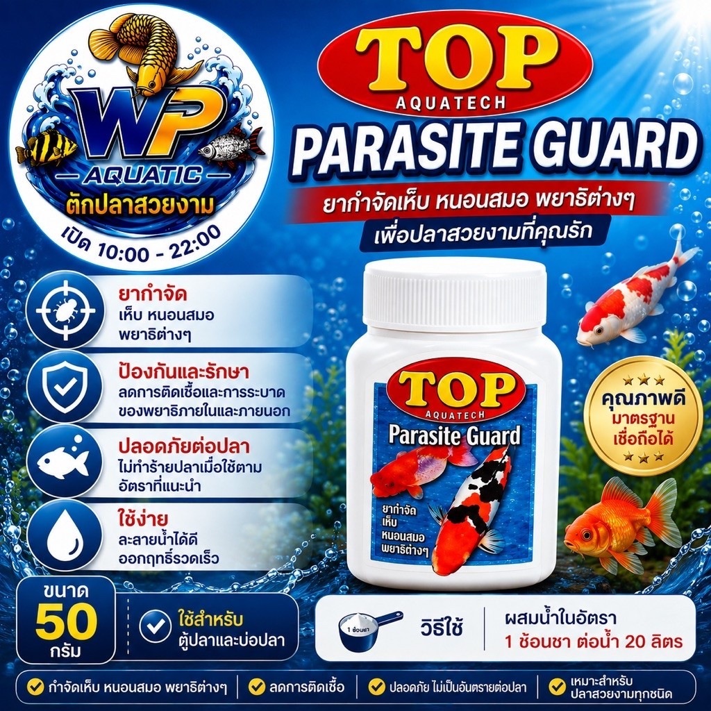 TOP AQUATECH Parasite Guard 50 กรัม ยากำจัดเห็บปลา หนอนสมอ และพยาธิ สำหรับปลาสวยงาม บ่อปลา ตู้ปลา
