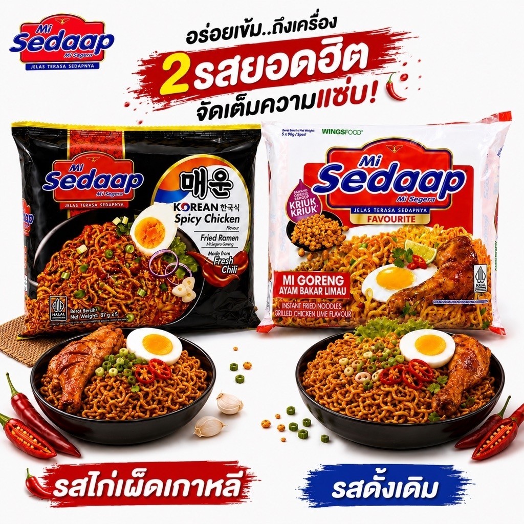 (แพ็ค 5 ห่อ) Mi Sedap บะหมี่กึ่งสำเร็จรูป รสไก่เผ็ดเกาหลี รสต้นตำรับ(หอมเจียว)