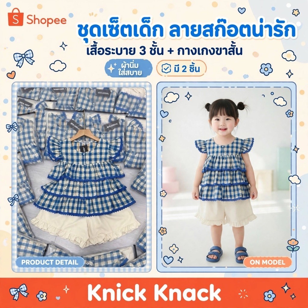 พร้อมส่ง ชุดเซตเด็กผู้หญิง แขนระบาย เป็นเลเยอร์ชั้นสีฟ้าตารางสก๊อต มากับกางเกงขาสั้นปลายระบายเพิ่มความน่ารัก