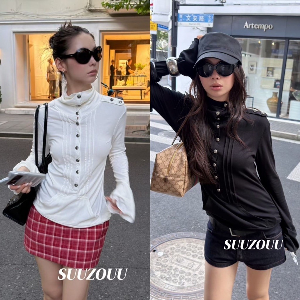 #SU588 เสื้อแขนยาวคอตั้งแต่งกระดุมเรียงแถบสไตล์ Military Y2K เติมความชิคแบบตัวมัม! Tag MMfish