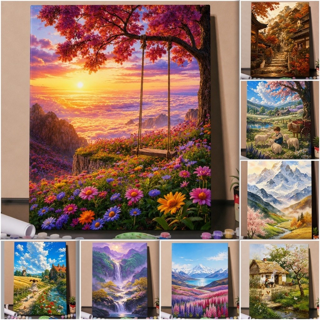 ภาพระบายสีตามตัวเลข ขึงเฟรมไม้ภาพวิวสวยๆ  ขนาด 40×50CM ของขวัญ DIY สำหรับตกแต่งบ้าน Paint by Numbers