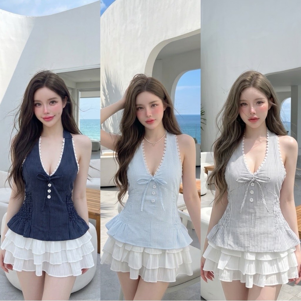 (อก30-38) เสื้อคล้องคอแต่งลูกไม้ มีโบว์และกระดุมหน้า ทรงเข้ารูปชายระบาย 💕 ดีเทลน่ารัก