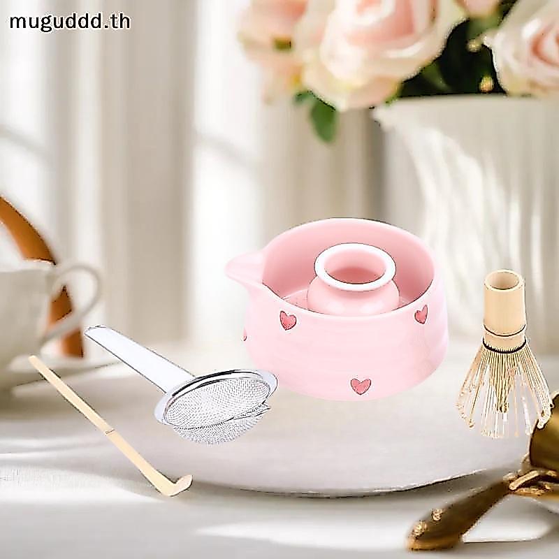 #gugugu # 2/5/5 ชิ้น Heart Decal เซรามิค Matcha Set, ชุดมัทฉะน่ารักประกอบด้วยชามมัทฉะ, ที่ปัดมัทฉะและที่วาง, ตักไม้ไผ่, ตะแกรง