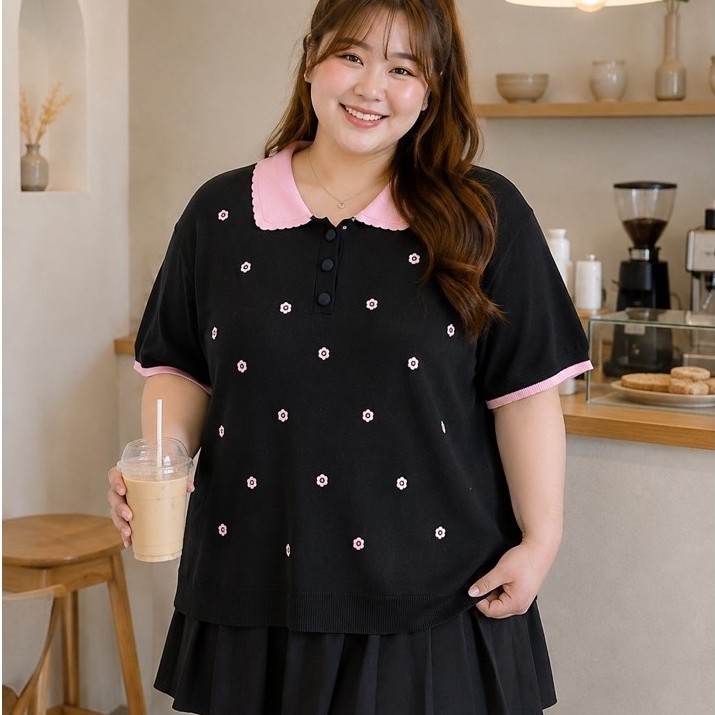 เสื้อไหมพรมพรมคอปกทูโทนปักลายดอกไม้