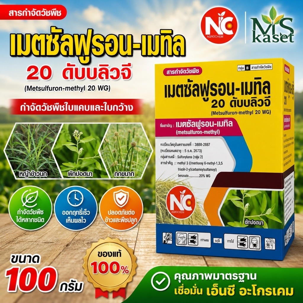 เมตซัลฟูรอน-เมทิล 20%WG ขนาด 100 กรัม กำจัดหญ้าในนาข้าว เช่น ผักปอดนา เทียนนา กก หนวดปลาดุก