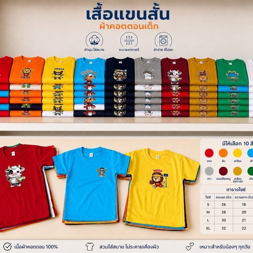 เสื้อแขนสั้นเด็กผ้าคอตตอน คละลาย