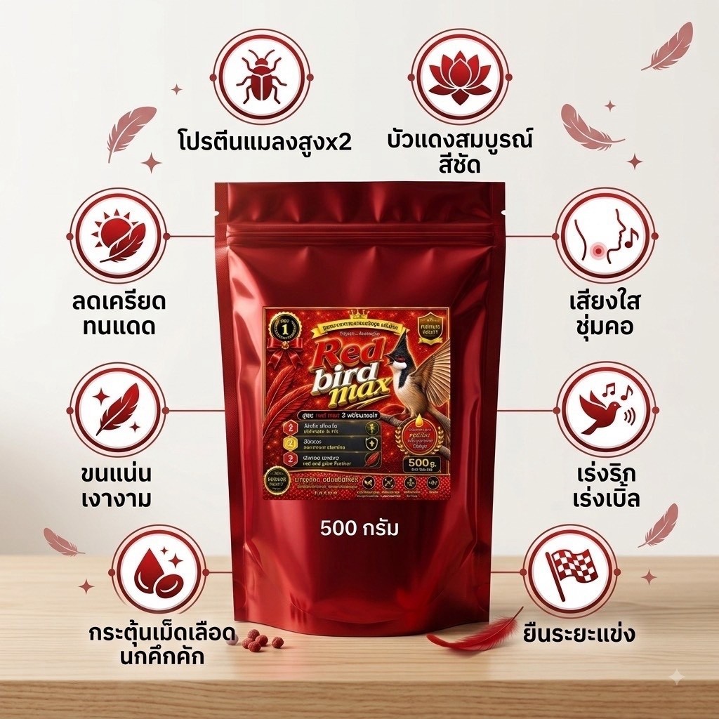 Red Bird Max (500กรัม) อาหาสำหรับนกกรงหัวจุก เร่งบัวแดง คืนฟอร์มสด  พร้อมลงแข่งทุกสนาม