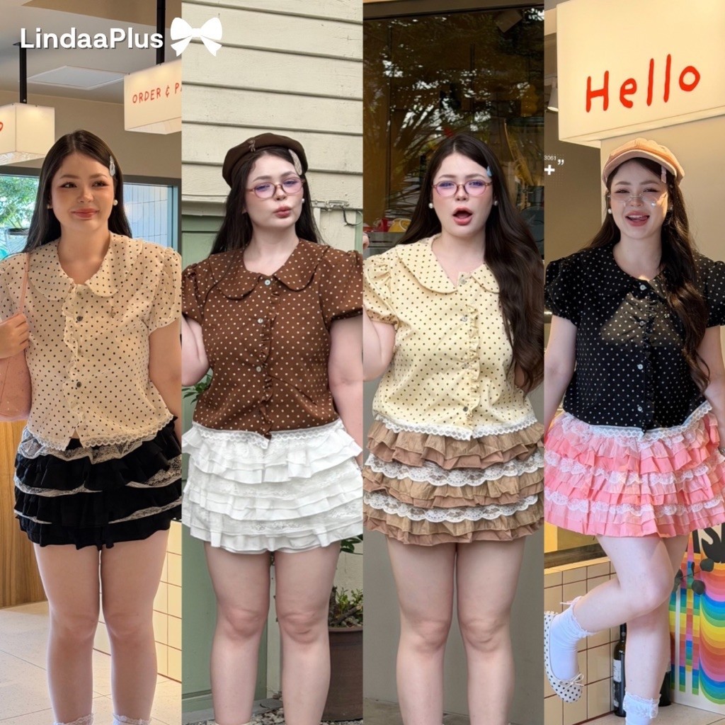 LindaaPlus-- ชุดเซ็ต“𝐖𝐚𝐰𝐚“(วาวา)เสื้อ+กระโปรงสั้น เสื้อคอบัวแขนตุ๊กตา ผ้าคัตลายจุด pokadot มาพร้อมกระโปรงสั้นแต่งชั้นๆ