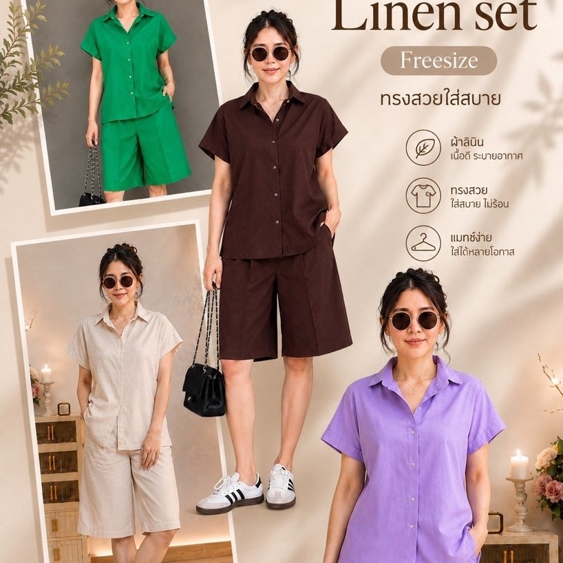 ชุดเซ็ตเสื้อเชิ้ตคู่กางเกงขาสามส่วนทรงเอผ้าลินิน สวมใส่สบายฟรีไซส์