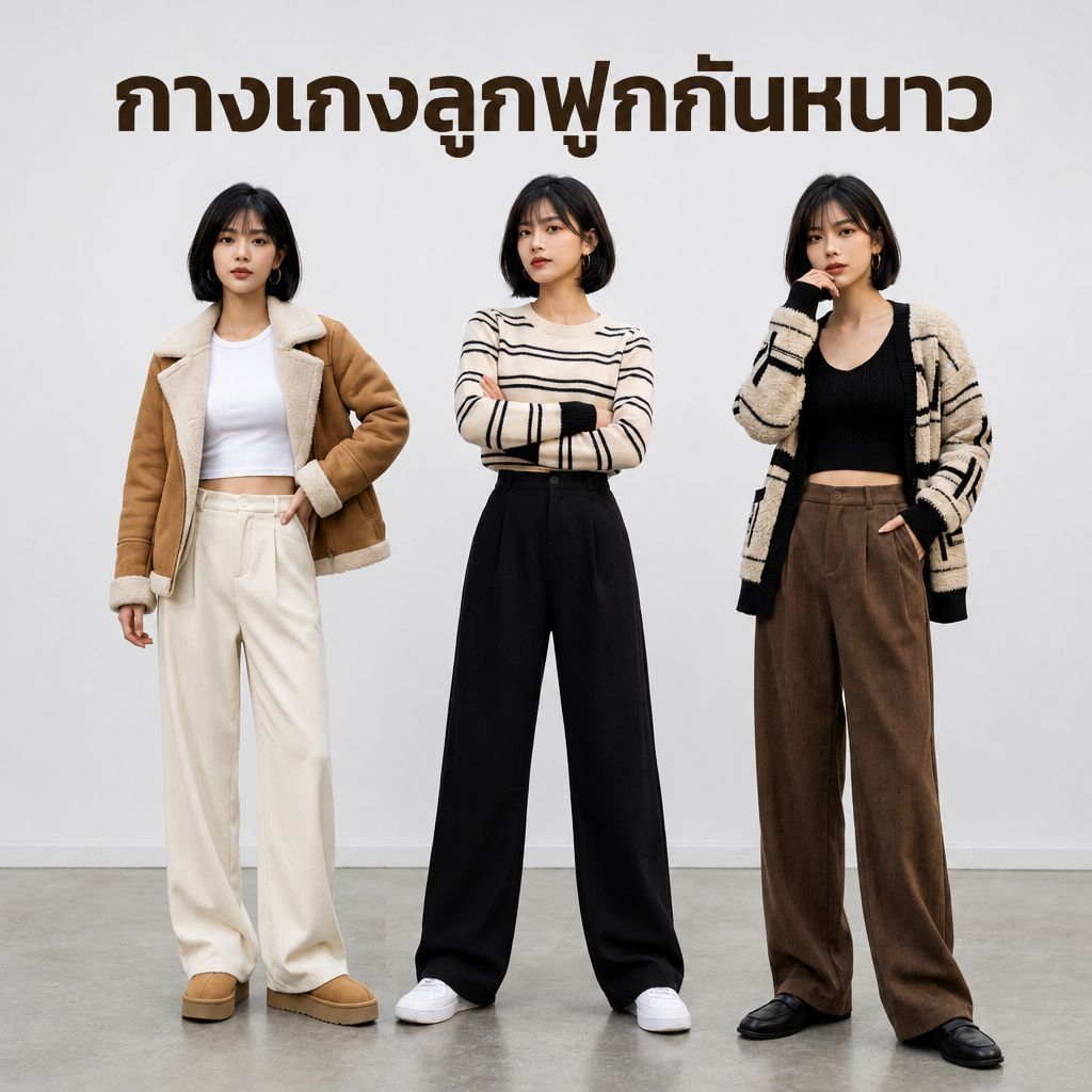 กางเกงลูกฟูกกันหนาว ขากว้าง ทรงสวย