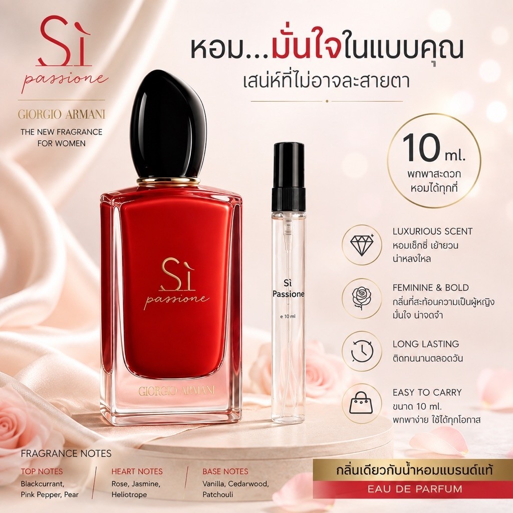 น้ำหอม Si Passione EDP กลิ่นเดียวกับน้ำหอมแบรนด์แท้ 100% ขนาดทดลองแบ่งขาย 10ml.
