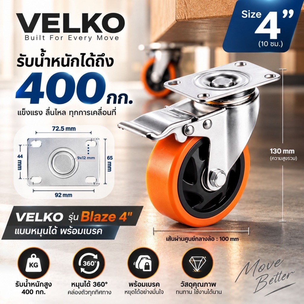 ล้อเลื่อนพร้อมเบรค ขนาด 4 นิ้ว Velko รุ่น Blaze™ Polyurethane (PU) ลูกล้อโพลียูรีเทน หมุนได้ 360 •c Swivel Caster