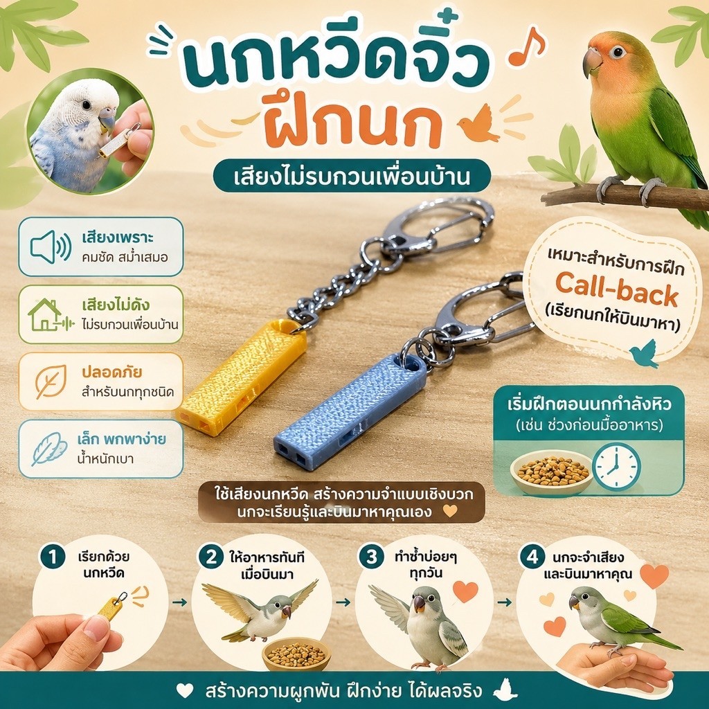 นกหวีดจิ๋วสำหรับฝึกนก ขนาดเล็ก พกพาง่าย เสียงใส ชัดเจน เสียงไม่ดังจนน่าลำคาญ เหมาะสำหรับใช้ฝึก Call-back