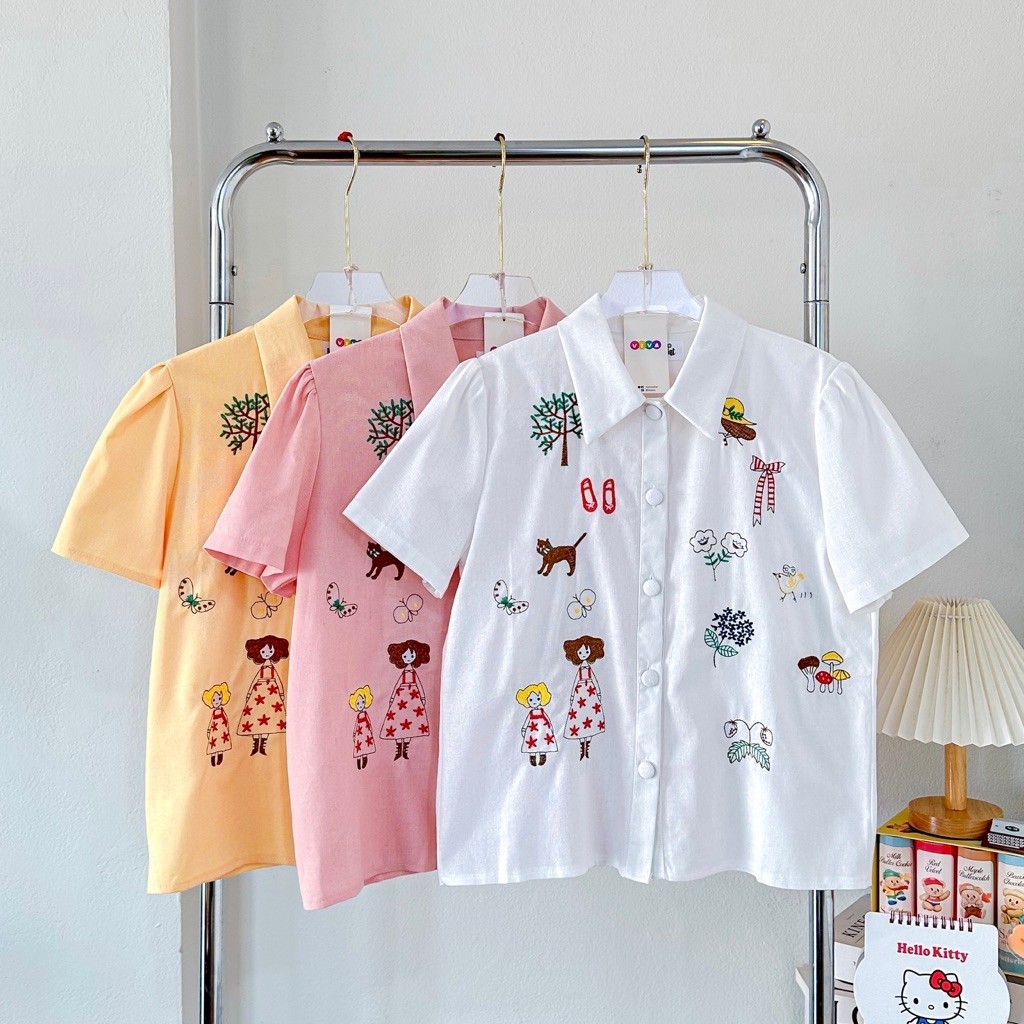เสื้อเชิ้ต ผ้าฝ้ายคอตตอน ด้านหน้าเป็นงานปัก น่ารักๆ