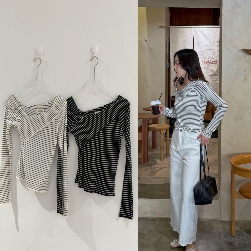 urban apparels | miu stripe cross top เสื้อเปิดไหล่ลายทางผ้านุ่มยืดทรงสวย ดูเป็นผู้ดีมาก (pre-order สีขาวส่ง 20 sep)
