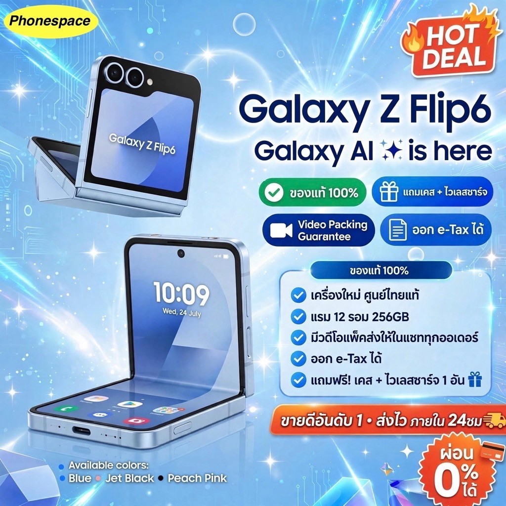 Samsung Galaxy Z Flip 6 (5G)แรม12รอม256 Snapdragon 8 Gen 3 เครื่องใหม่ เครื่องศูนย์ไทยแท้ ประกันร้าน 3 เดือน