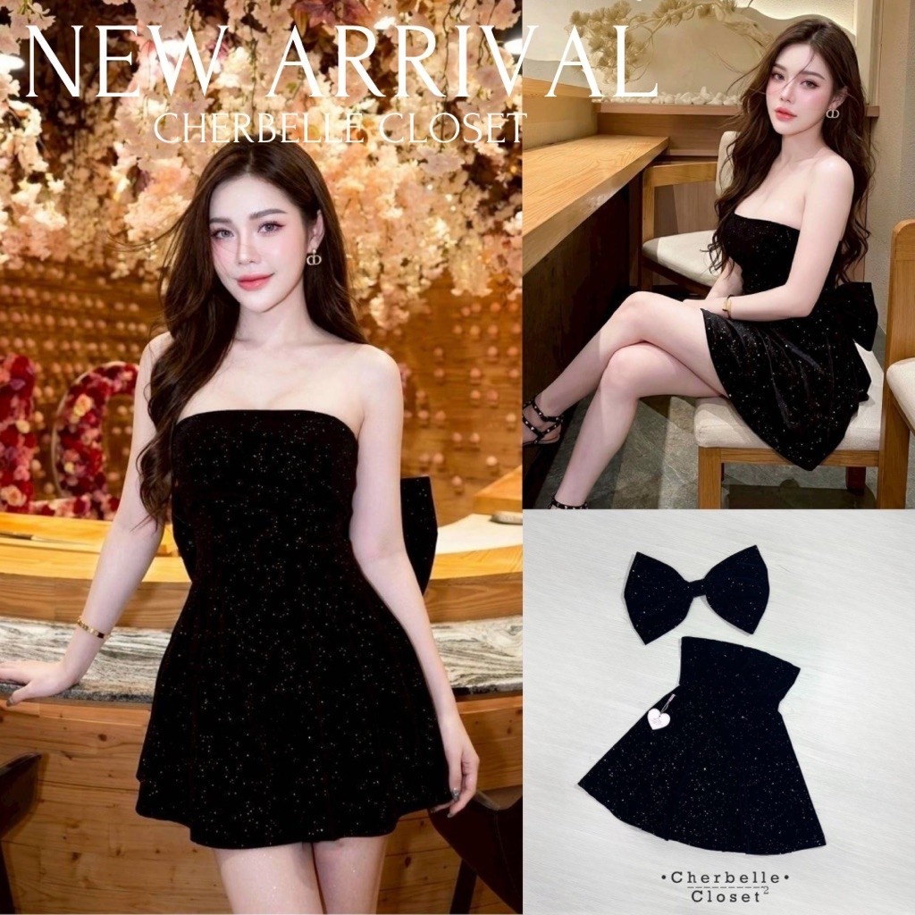 Cherbelle | สวยแบบโบว์ใหญ่ๆ มินิเดรสเกาะอกผ้ากำมะหยี่มีกลิตเตอร์วิ้งๆ อกเสริมฟองน้ำ