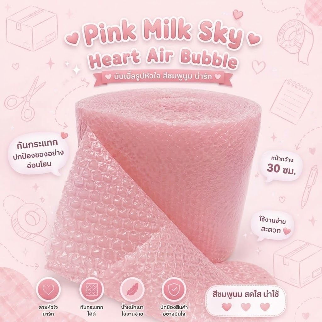 หนา 50-60 แกรม บับเบิ้ลรูปหัวใจ 30 cm. สินค้านำเข้า Milk heart air bubble สีชมพูนมสุดน่ารัก