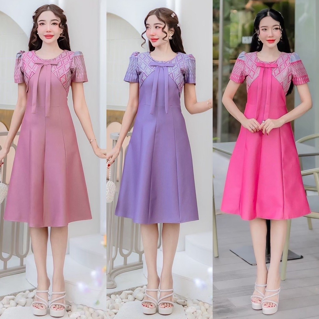 ชุดเดรสเสื้อก๊กลายไทยเเขนสั้นโบว์ชายยาวกระโปรง8ชิ้น