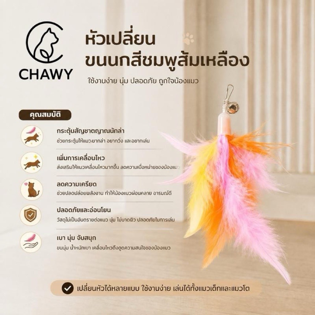 หัวเปลี่ยนขนนก สีชมพูส้มเหลือง Chawy เหยื่อตกแมว ของเล่นแมว
