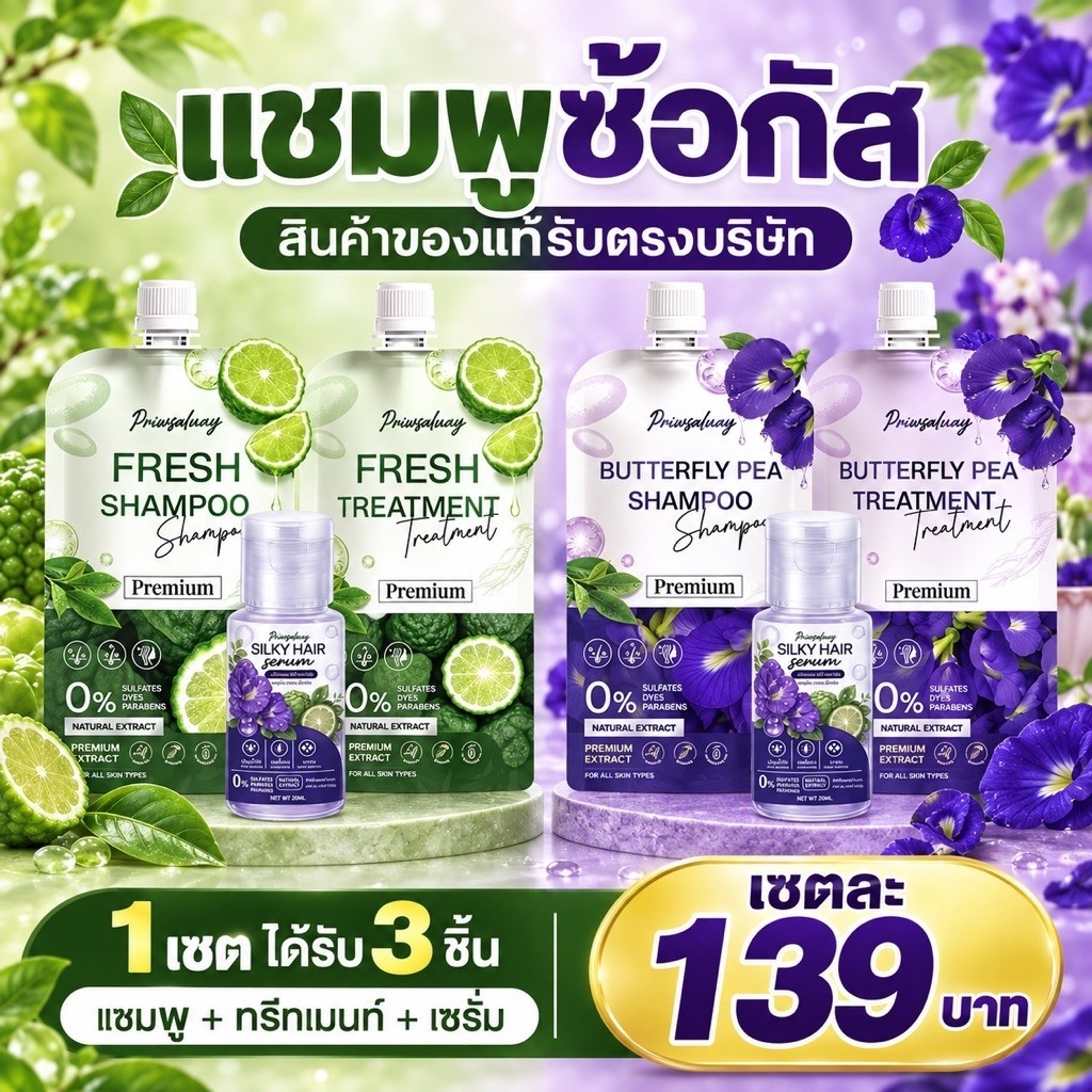 แชมพูซ้อกัส ยกเซต 3 ชิ้น [ของแท้รับตรงบริษัท] สูตรอัญชัญ สูตรมะกรูด 1 เซตได้ 3 ชิ้น